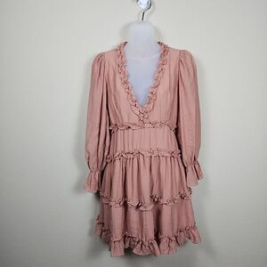 Cistar New York V-Neck Mini Dress M Dusty Pink Ruffles Tiered Cut Out Balloon